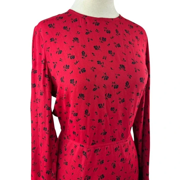 Reformation Red & Black Floral Print Mini Dress Bell Sleeve Ruffle Women's Large - Picture 6 of 16